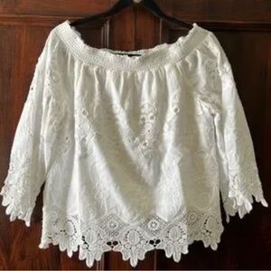 Chico's Cream Ruffled Embellished 3/4 Sleeve Blouse